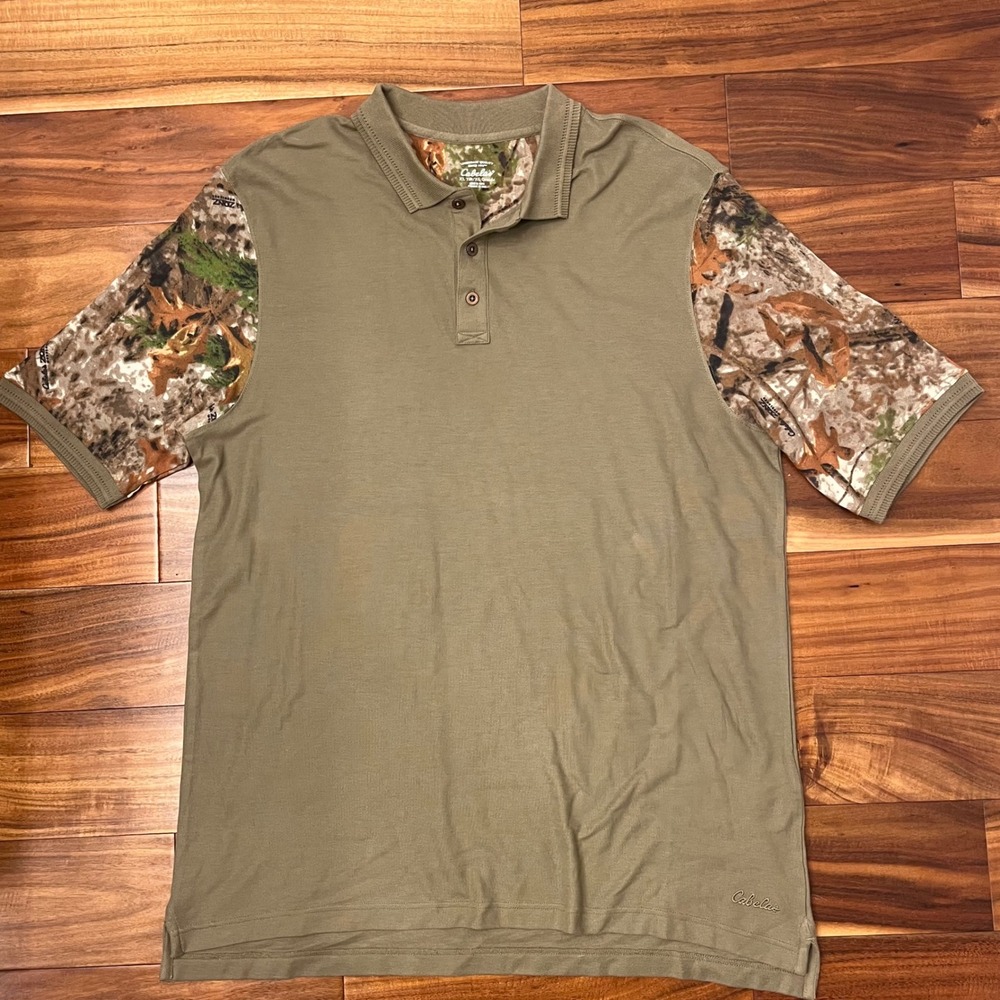 Cabelas Polo Shirt Mens XL Tall Olive Green Camo Sleeve Hunting Outdoor Pique - Picture 3 of 8